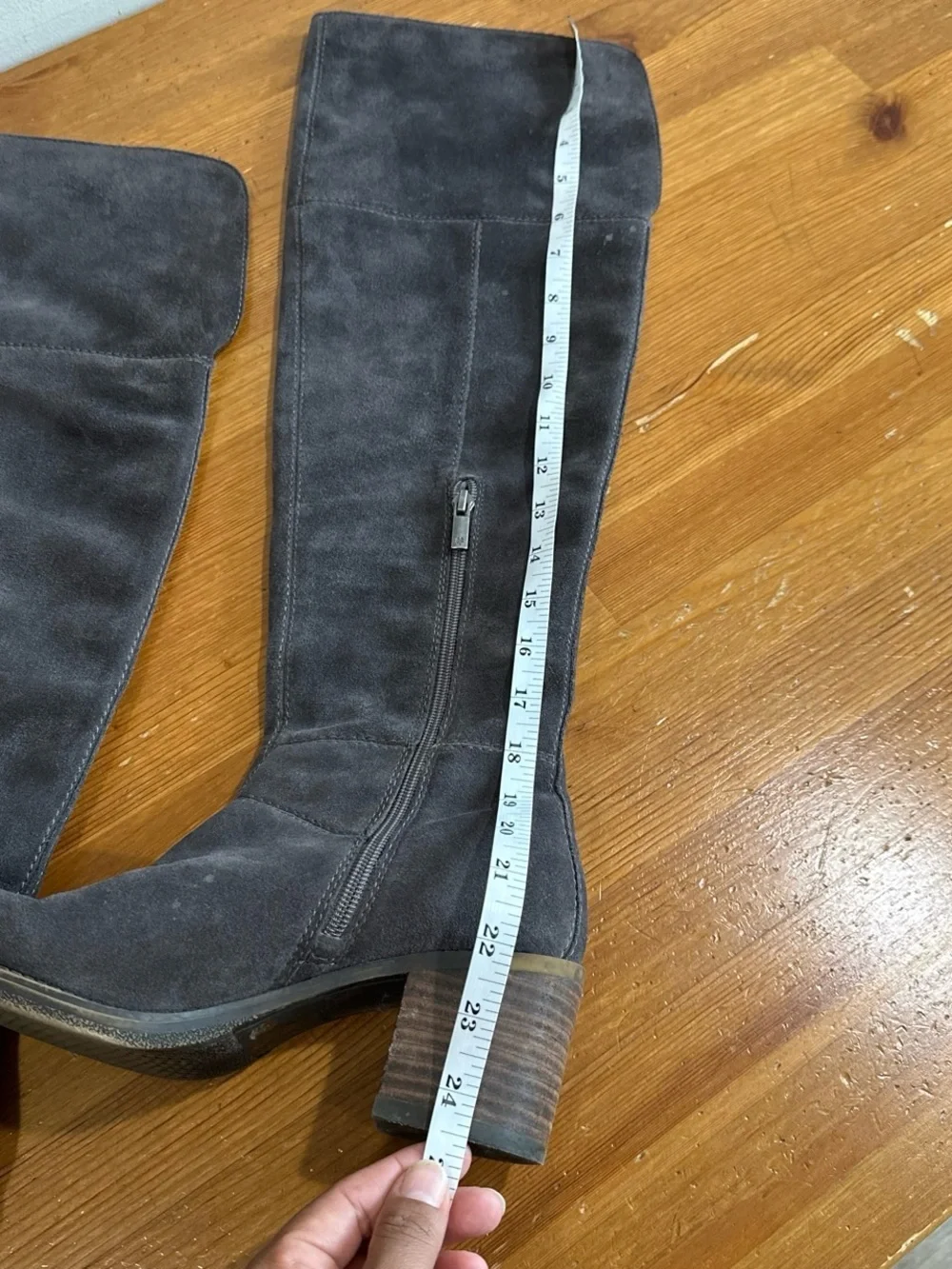 Lucky Brand Tall Over-the-Knee Suede Boots in Dark Gray with Brown Heel Accents